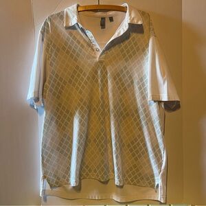 Ashworth Golf Polo Shirt Size Large Beige Blue Diamond Pattern Preppy Casual